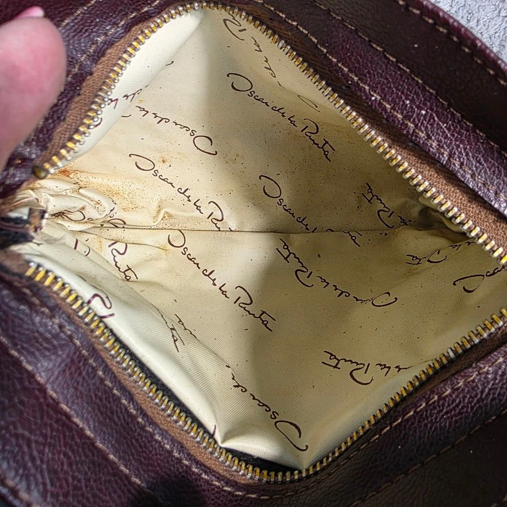 VINTAGE Oscar de la Renta‎ Cosmetic Pouch Beige Burgundy Canvas Zip Bag Small